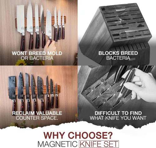 Miniatura 6 de 8 piezas de cuchillos de chef - Cuchillos de acero inoxidable de alto carbono con mangos de Pakkawood - Soporte con tira magnética incluido - Juego