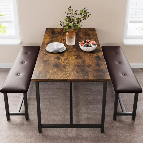 Miniatura 2 de IDEALHOUSE Juego de mesa de comedor de 3 piezas, mesa de cocina y bancos para 4, juego de mesa de comedor rectangular con 2 bancos tapizados, juego