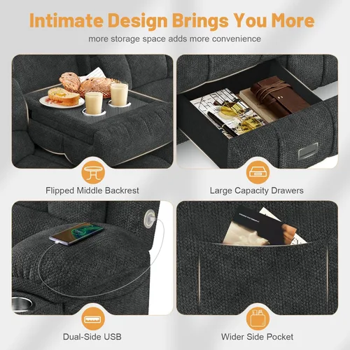 Miniatura 5 de Dresegmt - Sofá reclinable con diseño de respaldo central abatible, sofá de 3 plazas con cajón de almacenamiento, puertos USB y portavasos, sillón