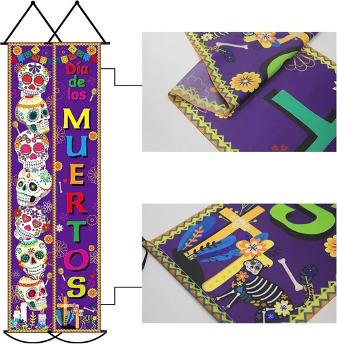 Miniatura 3 de Juego de 3 pancartas de decoración del Día de los Muertos para fiesta mexicana, decoración del Día de los Muertos, letrero de porche, bandera