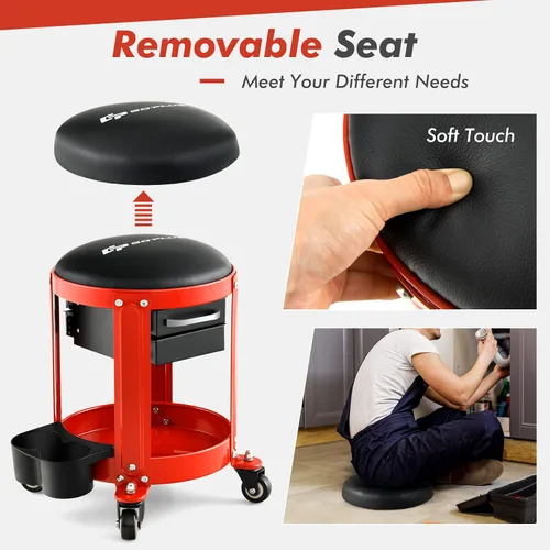 Miniatura 4 de Goplus - Taburete mecánico con ruedas, asiento tipo enredadera para taller con asiento acolchado removible, 2 cajones, bandeja para herramientas