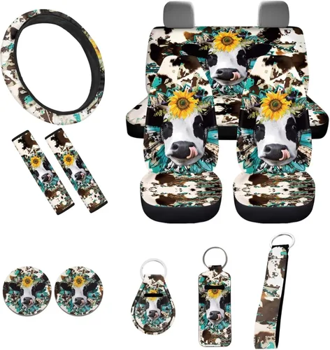 Miniatura 8 de Accesorios estéticos para automóvil, juego completo de fundas de asiento de automóvil con flores bohemias para mujeres, damas, juego de decoración