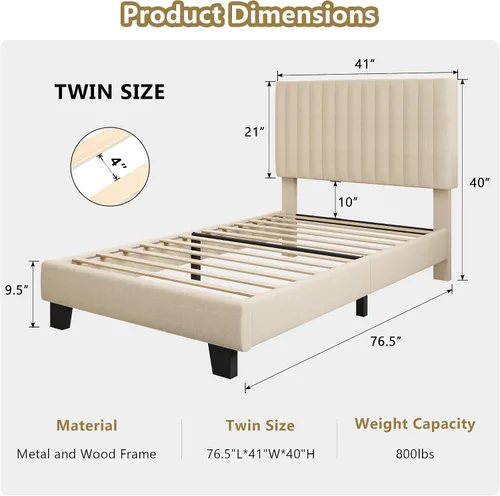 Miniatura 2 de iPormis Base de cama tamaño individual, cama tapizada con plataforma con cabecero de lino vertical, patas de cama anchas y fuerte soporte