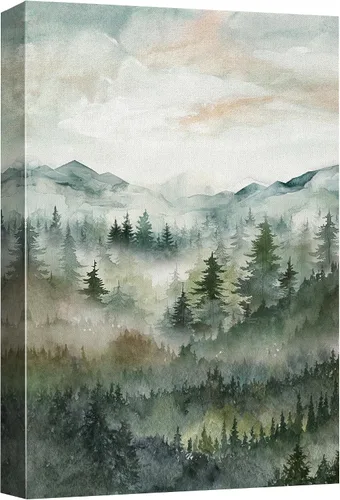 Miniatura 18 de SIGNWIN Lienzo impreso para pared, diseño de bosque y guardería, cabaña de troncos, invierno, nieve, montaña, bosque, ilustraciones de naturaleza
