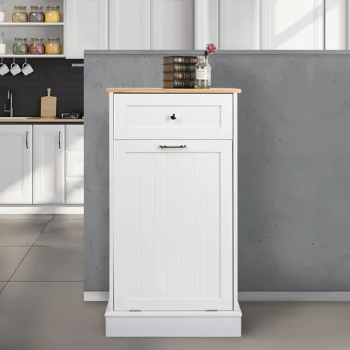 Miniatura 11 de Gabinete de Basura Inclinable, Isla de Cocina Estilo Antiguo con Tablero de Listones y Superficie de Madera Maciza y Cajón, Bote de Basura a Prueba