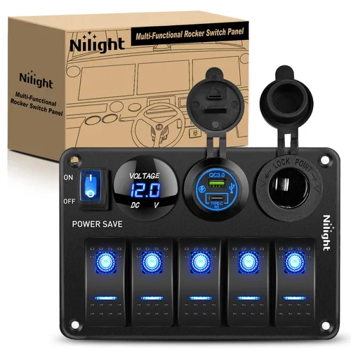 Miniatura 24 de Nilight - Panel de interruptor basculante de 4 bandas 90117G, panel de interruptores de aluminio precableado impermeable con doble USB encendedor