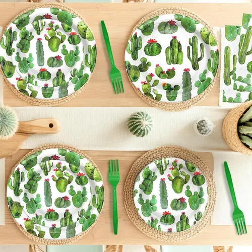 Miniatura 4 de Decoraciones de fiesta de cactus – Platos de fiesta de cactus y servilletas para fiestas de cumpleaños infantiles, sirve para 20 invitados