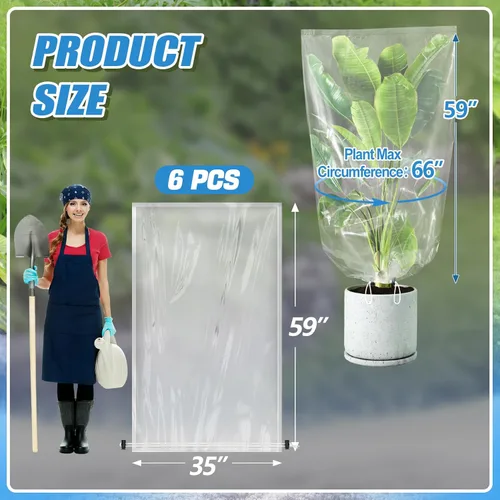 Miniatura 5 de ANPHSIN 6 piezas de película de invierno para plantas con cordón, cubierta de plástico de 35 x 59 pulgadas, protección contra congelación, bolsa