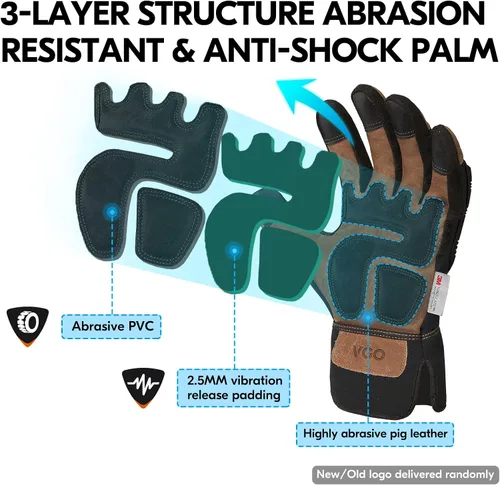 Miniatura 5 de Vgo... Winter Work Gloves Men,Leather Work Gloves,Anti-vibration,Mechanics Gloves,Abrasion Resistance
