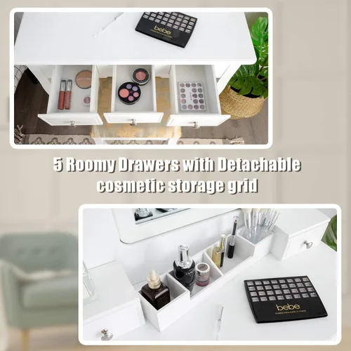 Miniatura 3 de CHARMAID Juego de tocador de maquillaje con espejo y taburete acolchado, tocador con 5 cajones y organizadores de almacenamiento extraíbles, mesa