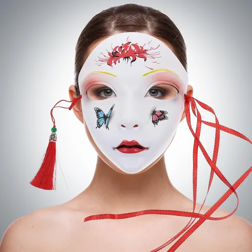 Miniatura 9 de PRETYZOOM Máscaras japonesas de Kabuki Kitsune para hombres, mujeres y niños, disfraz de Halloween, estilo chino, cosplay, máscara genial
