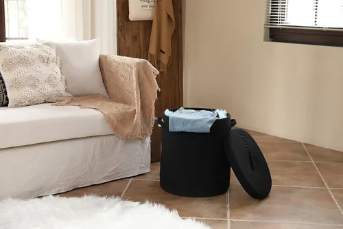 Miniatura 3 de Cesta de almacenamiento extra grande de 16" x 16" x 18" con tapa, cestas de almacenamiento de cuerda de algodón, canasta de lavandería, contenedor
