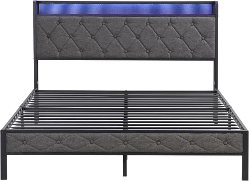 Miniatura 6 de Full Bed Frame Metal, Charging Station and Led Lights, Upholstered Platform Bed with Heavy Metal Slats, No Box Spring Needed, Noise Free, Easy