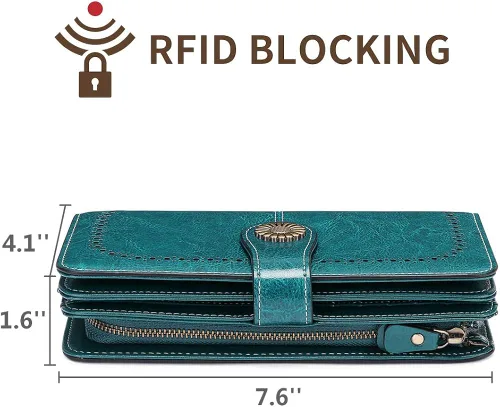 Miniatura 4 de SENDEFN - Billeteras de cuero genuino para mujer con tarjetero y bloqueo RFID, de gran capacidad y con correa para la muñeca