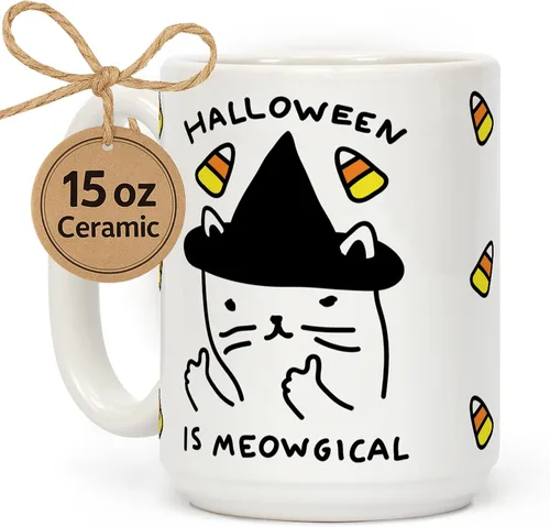 LookHUMAN Taza de Café de Halloween – Halloween Is Meowgical Tazas, Taza de Café Espeluznante | Idea de Regalos de Taza, 15 Onzas 10-Blanco