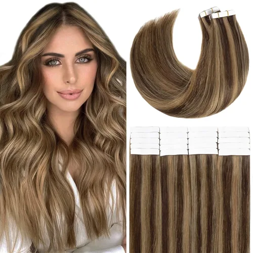 Miniatura 42 de Lacer Extensiones de cabello humano con cinta, cabello humano castaño mezclado con marrón oscuro con raíces de color marrón oscuro, invisible