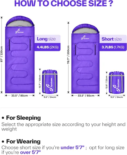 Miniatura 6 de Sportneer Saco de dormir portátil para adultos y niños - Caminable con cremalleras en los brazos, clima cálido e impermeable frío, compacto