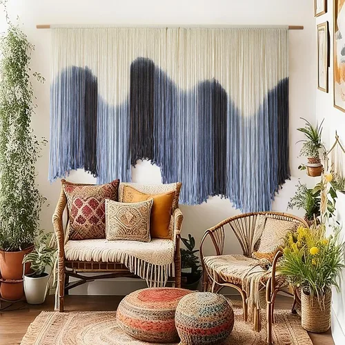 IOWER Colgante de Pared de Macramé Grande Azul Teñido por Inmersión Arte de Fibra Tapiz, Decoración de Pared Boho Hecha a Mano para Sala de Estar