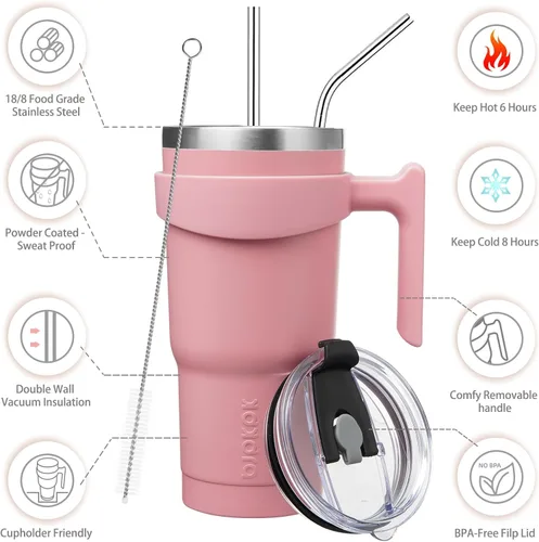 Miniatura 2 de BJPKPK Vaso con asa de acero inoxidable de 20 onzas, con aislamiento de doble pared, con tapa y pajita, color rosa claro A-rosa claro