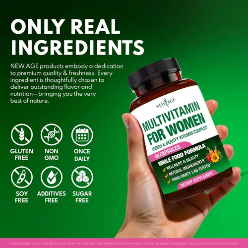 Miniatura 7 de NEW AGE Multivitamínico para mujer, complejo B, alimentos integrales, soporte para el cabello, hierro, multivitamínico todo en 1 para mujer