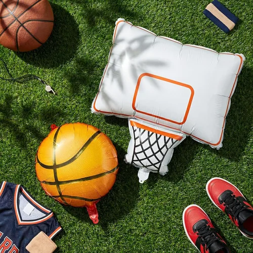 Miniatura 3 de Soulchen Juego de 6 globos de papel de aluminio para fiesta de baloncesto con 4 globos de baloncesto naranjas y 2 globos decorativos de aro