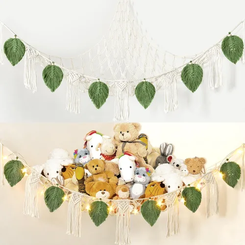 Dremisland Hamaca de red de juguetes de peluche con luz de estrella, hoja bohemia de macramé, borla de macramé, organizador de juguetes en la