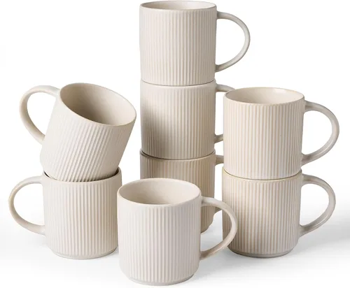 Miniatura 19 de Juego de Tazas de Café Famiware para 6, Tazas de 12 oz con Asa para Café, Té, Cacao, Leche - Juego de Vajilla de Cerámica y Gres, Blanco Mate Blanco