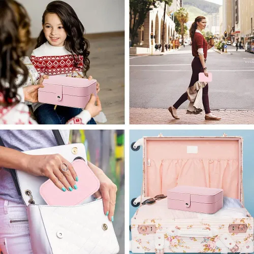 Miniatura 5 de XMJXBOX Caja organizadora de joyas de 3 capas de piel sintética para mujeres, niñas, estuche de almacenamiento impermeable para collares, anillos
