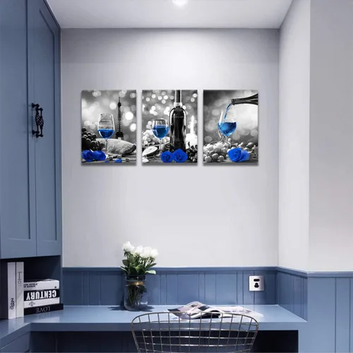 Miniatura 3 de Obras de arte de rosas de vino para paredes del hogar, blanco y negro con pintura de vino azul, decoración de comedor, cuadros de cocina azules