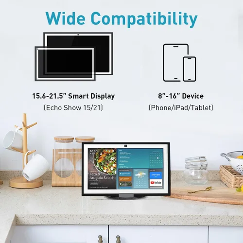 Miniatura 4 de Soporte inclinable y giratorio para Echo Show 15, hecho de aleación de aluminio, giratorio y plegable, soporte Echo Show 15 adecuado para Negro