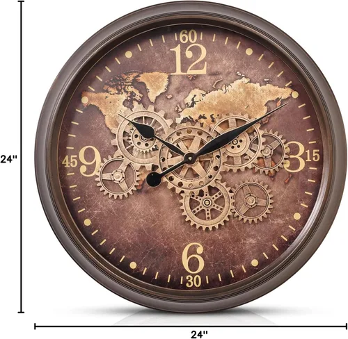 Miniatura 10 de CLXEAST Reloj de pared grande de 24 pulgadas con engranajes móviles, relojes industriales con esfera de mapa del mundo, reloj de pared fresco