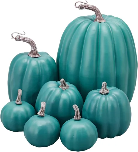 Miniatura 7 de Lizxun 7 calabazas artificiales de Halloween de espuma de imitación de calabaza naranja, calabazas de espuma de cosecha de otoño para otoño, Acción