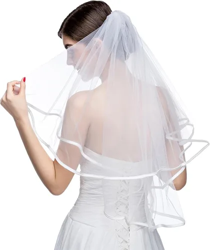 auwiyd Velo de novia corto velo de boda con borde de satén con peine para mujeres y niñas, velo de borde de cinta de 2 niveles para boda, despedida