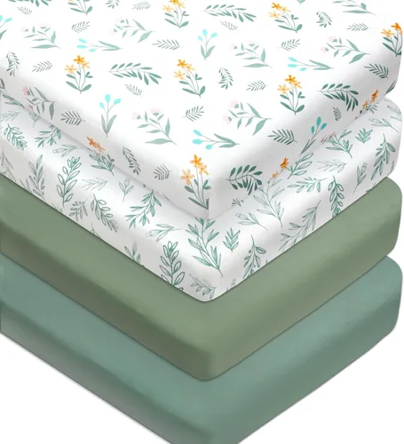 Paquete de 4 sábanas bajeras de color verde salvia, transpirables, neutrales, unisex, para niños o niñas, con diseño de hojas y flores, sábana