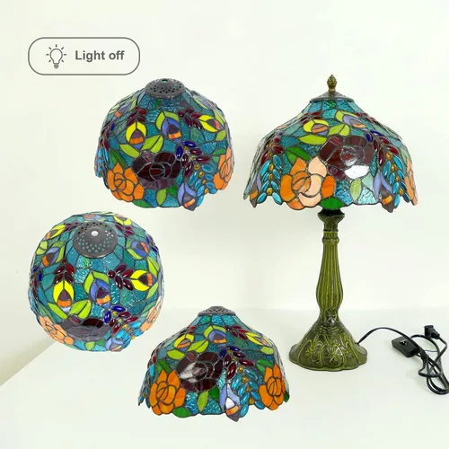 Miniatura 3 de Tiffany - Lámpara de mesa estilo rosas multicolor, lámpara de mesa con vitrales de 12 pulgadas de alto de 19 pulgadas, mesita de noche, mesita