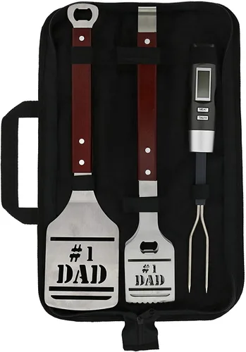 Panoware Juego de herramientas para parrilla de barbacoa para papá, juego de 4 piezas, pinzas número 1 para papá, espátula, termómetro digital y