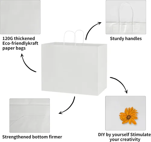 Miniatura 3 de bagmad Paquete de 50 bolsas grandes de papel kraft blanco de 16 x 6 x 12 pulgadas con asas a granel para compras, bodas, comestibles, mercancías al
