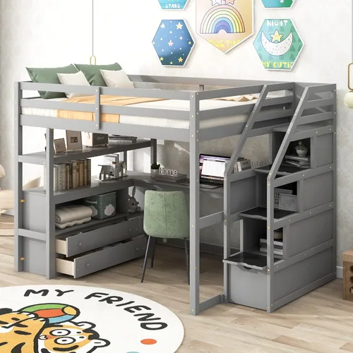 Miniatura 13 de Cama baja de tamaño individual con tobogán y escalera, marco de cama con barandillas de seguridad y techo en forma de casa, para dormitorio
