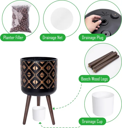 Miniatura 4 de D'vine Dev Maceta de 12 pulgadas con soporte, maceta alta de mediados de siglo con patas para plantas de interior, bronce/negro, 88-G-C-6