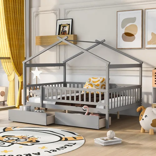 Miniatura 17 de Cama de madera de tamaño individual con dos cajones y techo, cama de plataforma con 2 cabeceros, para dormitorio de niños, adolescentes, niñas