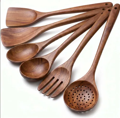 Juego de 6 cucharas de madera de acacia para cocinar, juego de utensilios de madera | Duradero, no tóxico, antiadherente, acabado suave, fácil de