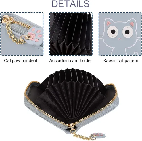 Miniatura 4 de Sunwel Fashion Lindo portatarjetas con diseño de gato pequeño - Estuche para tarjetas con cremallera de acordeón, bolsillos para efectivo, monedero