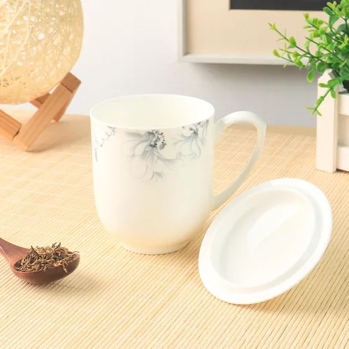 Miniatura 5 de Jingdezhen - Taza de té de porcelana fina con tapa de 12 onzas, taza de porcelana blanca para oficina y hogar (azul y blanco)