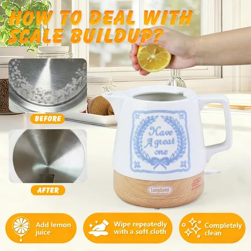 Miniatura 8 de Tetera de cerámica eléctrica blanca de 1.0 litros, caldera de agua caliente de 1000 vatios, tetera de hervido rápido para café y té, apagado