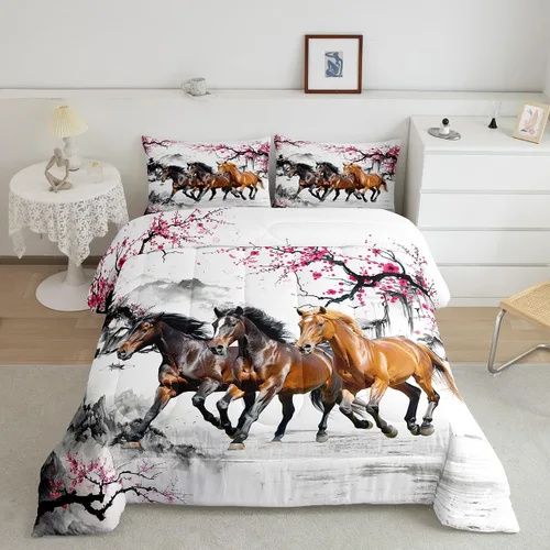 Miniatura 18 de Feelyou Juego de edredón tamaño individual con diseño de caballo y cerezo en flor de galope para niños, adolescentes, edredón occidental, decoración