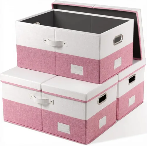 Miniatura 73 de PRANDOM Contenedor de almacenamiento plegable con tapa [1 unidad] Caja de almacenamiento decorativa de tela de lino, cesta organizadora con asas
