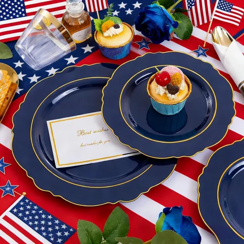 Miniatura 5 de Liacere 350 platos de plástico azul marino, platos desechables de color azul dorado, vajilla de plástico para 50 invitados, incluye 100 platos, 50