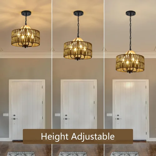 Miniatura 4 de Lámpara antigua para comedor, lámpara colgante de ratán de 4 luces con pantalla de tambor, luz colgante de techo de mimbre tejida ajustable, lámpara