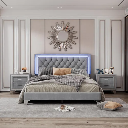 Miniatura 5 de SOFTSEA Cama de tamaño Queen con luz LED, plataforma de terciopelo con cabecero copetudo para niños, adolescentes y adultos, cama de plataforma