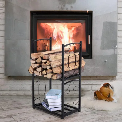 Miniatura 7 de PHI VILLA Estante de leña de 2 capas resistente, soporte de doble capa para leña de chimenea, estante de almacenamiento con clasificación